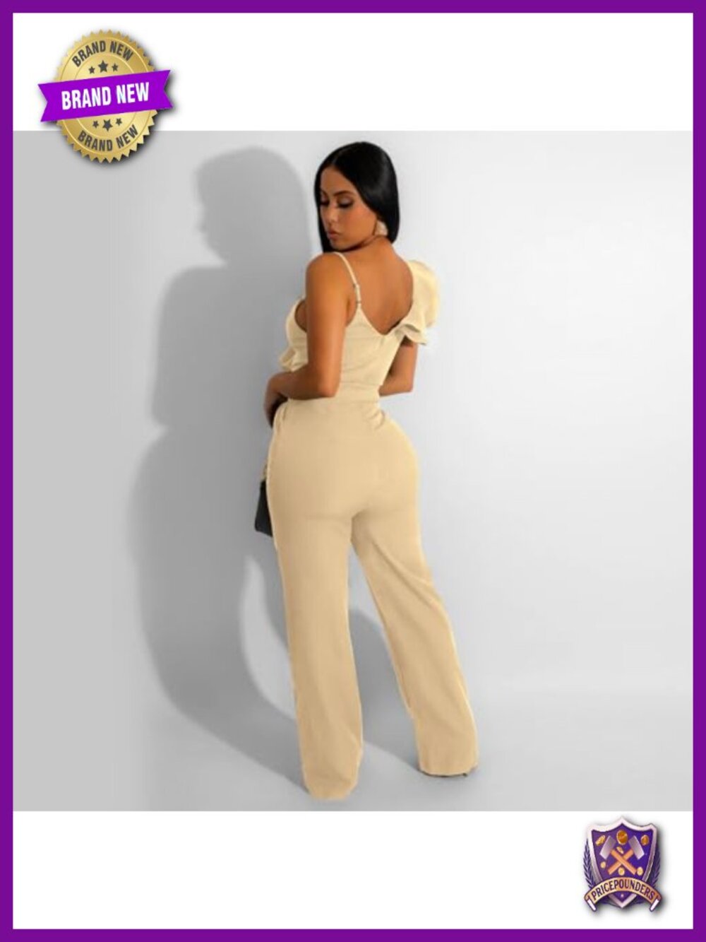 Ruffle One Shoulder Jumpsuit with Pockets, Wide Leg, Adjustable Strap, V-Neck, - Picture 3 of 6